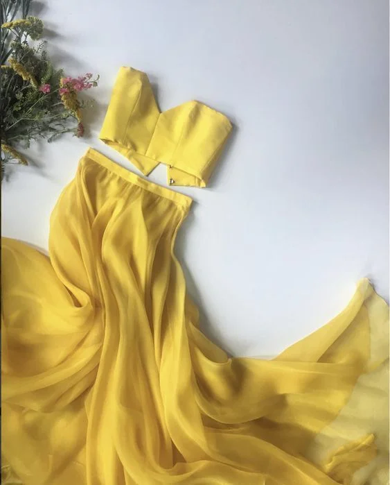 Bright Yellow Strapless Crop Top Two Pieces Long Prom Dresses Party Dresses  cg7473 Jersey Fabric Tulle Fabric Batik Fabric