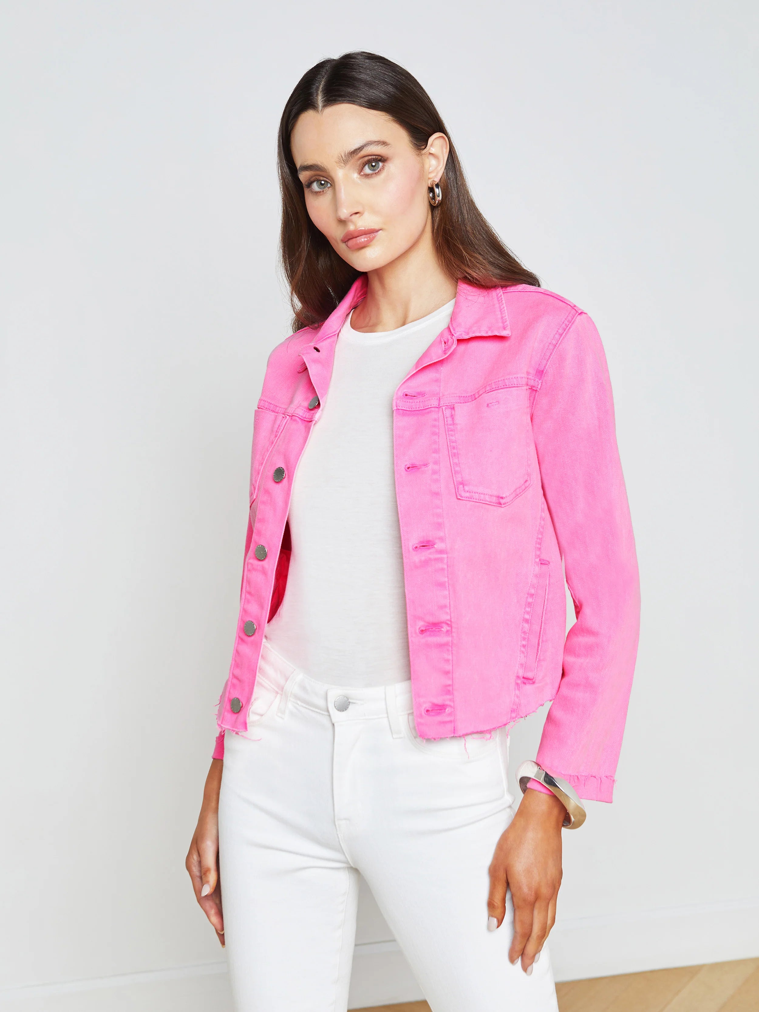 Janelle Slim Raw Jacket Shocking Pink - L'AGENCE Collared Jacket Crew Neck Jacket Turtle Neck Jacket