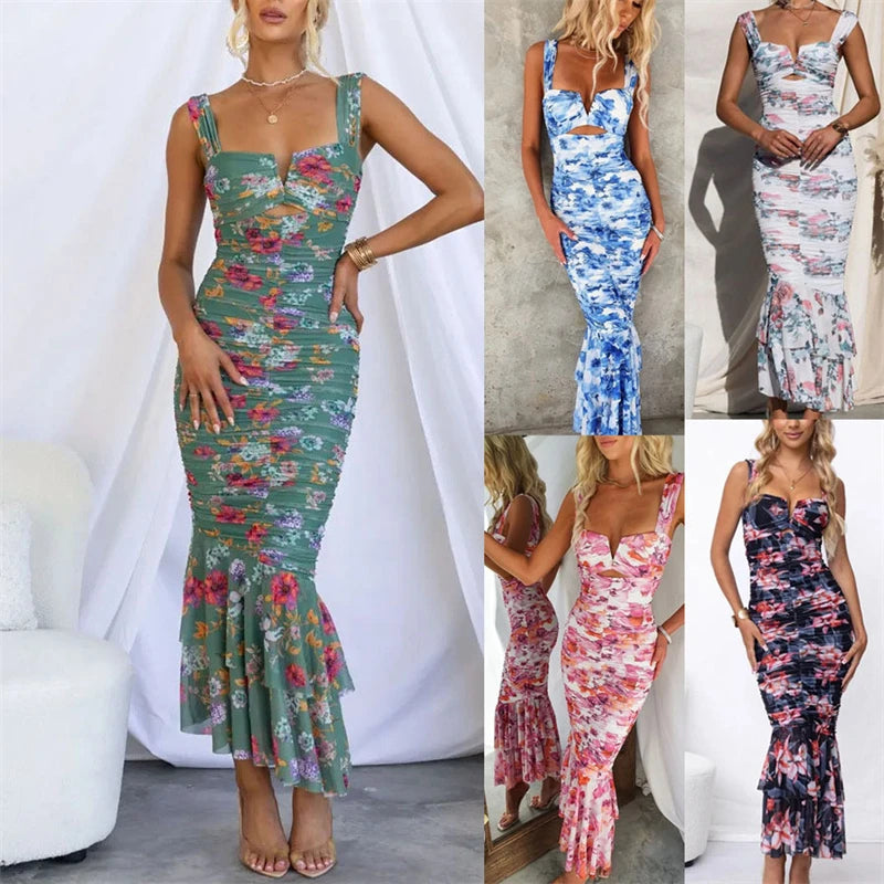 TAVIMART  -  New Summer Printed Casual Sling Sleeveless Dress Zipper Slim-Fit Dress Pullover V-Neck Dress Vacation Women's Clothing Bolero Style Sweater