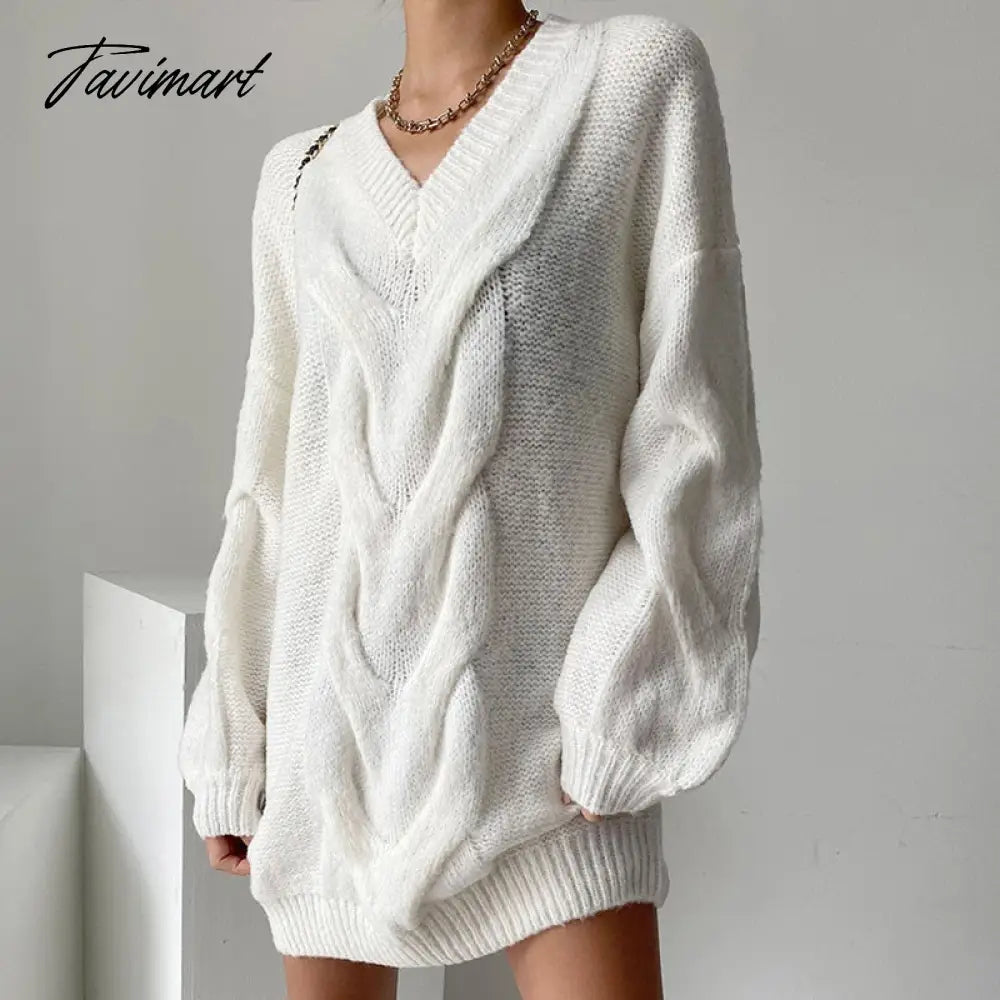 Tavimart Casual Women Knitted Oversized White Playsuit V Neck Sexy Elegant Sweater Dresses Autumn Winter Mini Pullover Jumper Top Crew Neck Wool