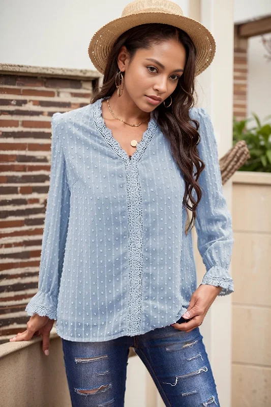 2024 Summer New Arrival Long Sleeves Thin Lace Shirt Women Fashion Loose Pullover Deep V Neck Solid Color Casual T-shirt Tops Women Sheath Sleeve Elegant