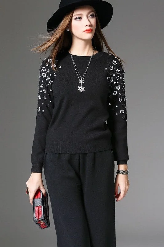 Black Sweater W/ 3D Flowers Satin Fabric Silk Fabric Chiffon Fabric