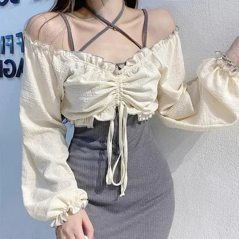 Znbbw Vintage Two Piece Set Slash Neck Puff Sleeve Ruffles Draw String Crop Tops Forked Female Slim Tand Dresses Spring Sets Spandex Blend Rayon Blend Denim Blend
