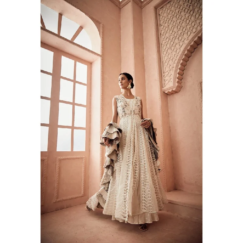 Kalidar Jacket Teamed With An Off white And Gold Chanderi Gown And Dupatta (Set of 3) V-Neck Jacket Boat Neck Jacket Square Neck Jacket