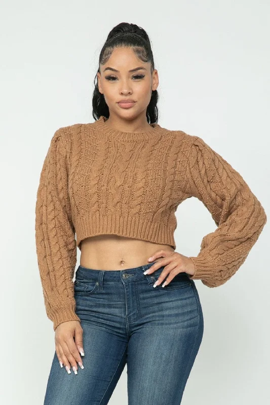 Cable Pullover Top Asymmetrical Neck Pullover