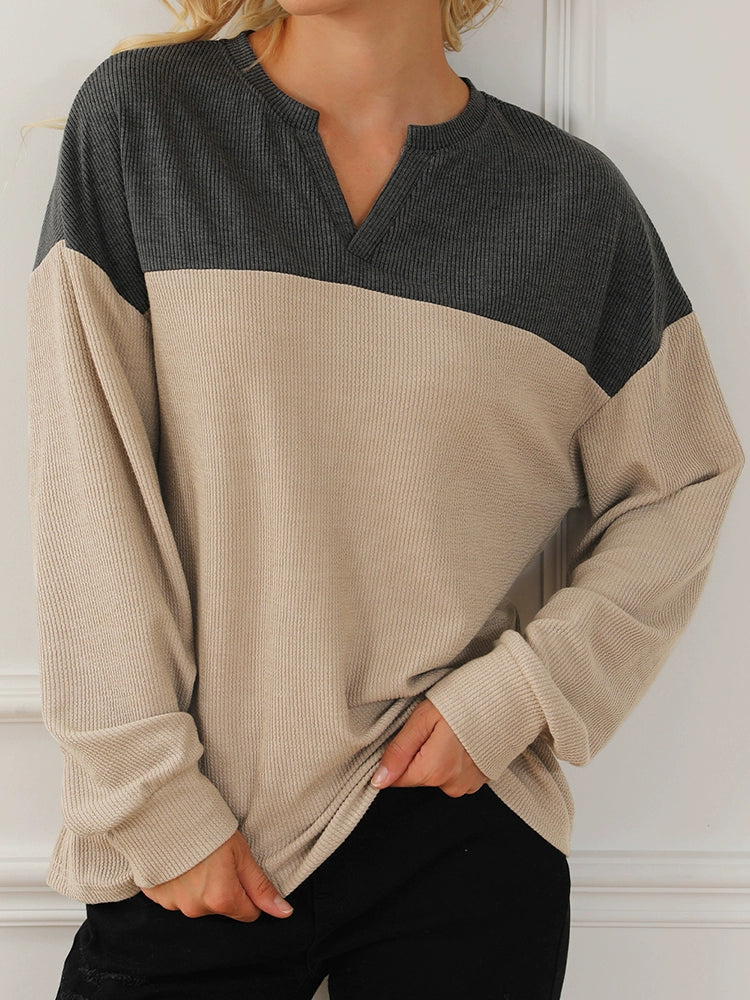 Fashion Contrast Color V-neck Long Sleeve Pullover Hoodie Women 2024 Fall and Winter New Arrival Warm All-Matching Fashion Knit Top Women Slim Sleeve Pullover