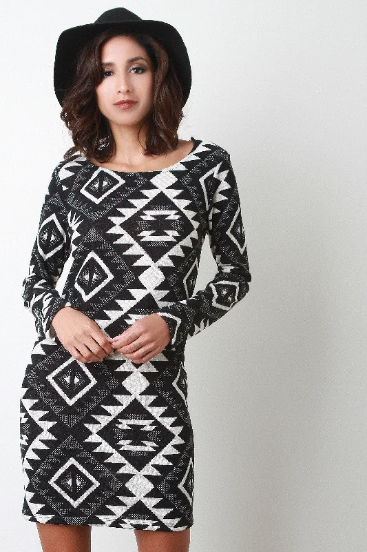 Knitted Diamond Tribal Sweater Dress Solid Color Striped Floral Print