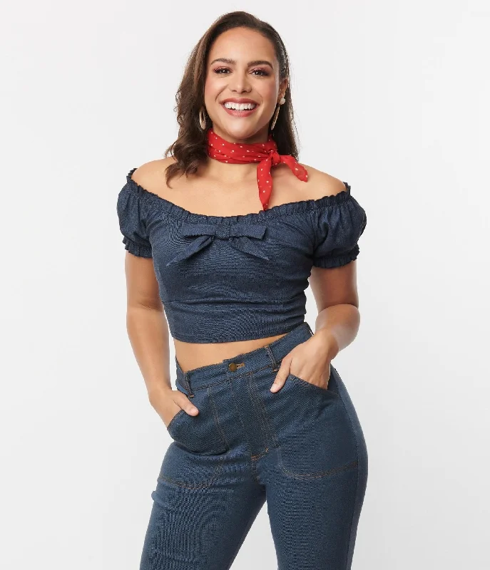 Unique Vintage Denim Puff Sleeve Off the Shoulder Crop Top Graphic Embroidered Appliqued Unique Vintage Denim Puff Sleeve Off the Shoulder Crop Top Graphic Embroidered Appliqued