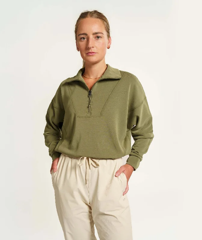Ladies 1/4 Zip Long Sleeve Sweater - Olive Wool Fabric Cashmere Fabric Tweed Fabric