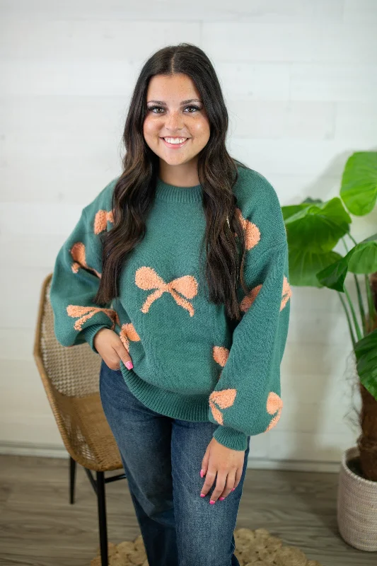 Teal & Coral Balloon Sleeve Bow Sweater Mesh Blend Leather Blend Suede Blend