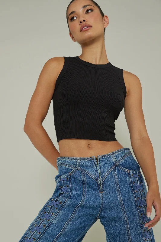 Mayra Crew Neck Crop Top Black Jersey Fabric Tulle Fabric Batik Fabric