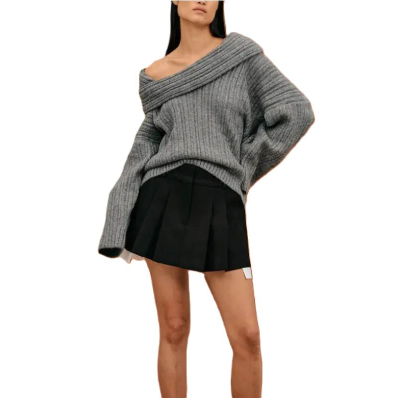 Elegant Solid Slash Neck Thick Knitted Tops Women Casual Long Sleeve Loose Warm Pullover Female Fashion High Street Sweater V-Neck Stylish Pullover