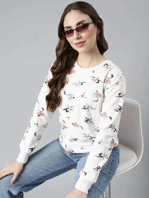 Women White Floral Pullover Sweatshirt-SNC-53-Whitepeach Angora Wool Cozy