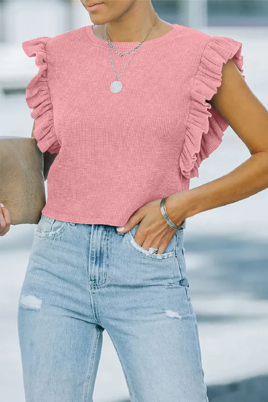 Pink Ruffled Crew Neck Crop Top Lace Blend Ribbed Blend Corduroy Blend