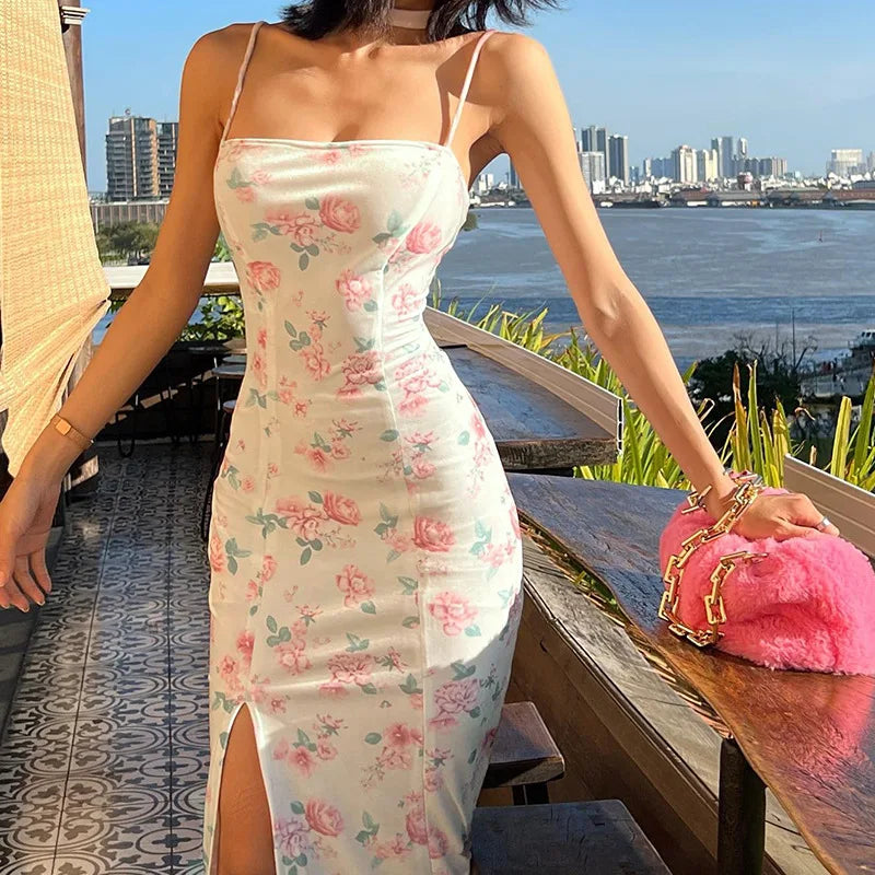 TAVIMART  -  Summer New Slim Sling Rose Print Dress Elegant Sexy Backless Slit Dress Lace-Up Pullover Women's French Style Lantern Sleeve Elegant