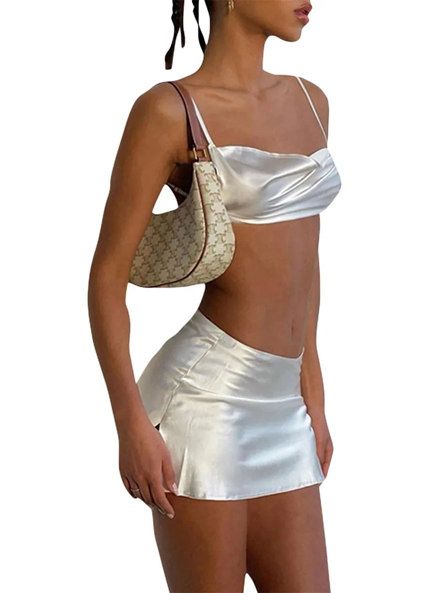 Znbbw Women Summer Sexy Satin 2 Piece Skirt Sets Solid Sleeveless Spaghetti Strap Crop Tops Bodycon Backless Mini Dress Party Outfits Ribbed Striped Patterned