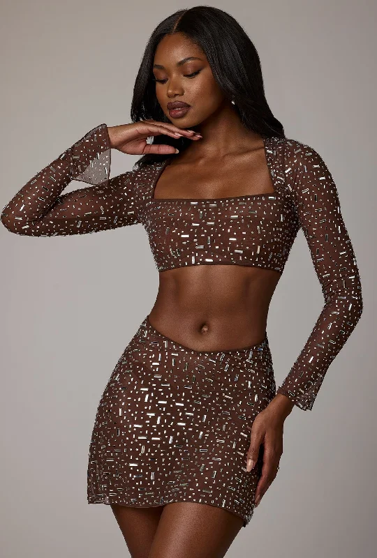 Sheer Embellished Long Sleeve Crop Top in Deep Cocoa Iron Safe Non-Iron Wrinkle Free