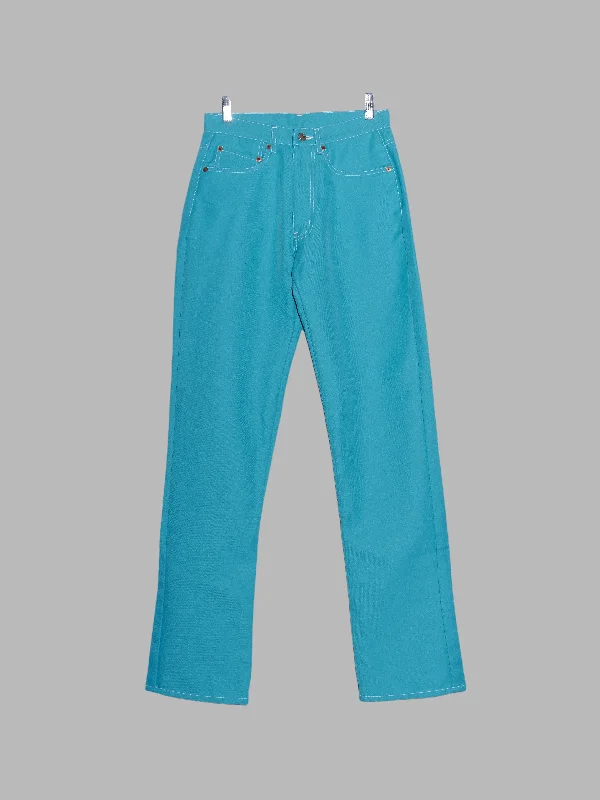 Comme des Garcons SS1996 turquoise blue polyester extra long jean trousers - M Trousers Designer Luxury