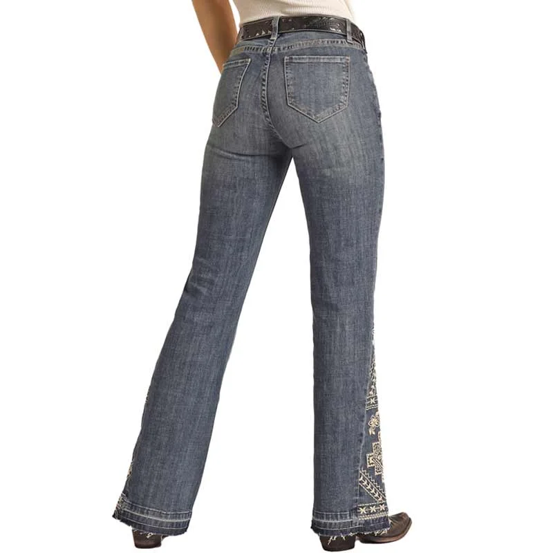 Rock & Roll Denim Women's Aztec Mid Rise Stretch Flare Leg Trouser Jeans Trousers Cargo pockets