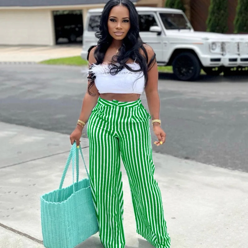 Women Fashion Casual Stripe Printing Wide Leg Loose Trousers Trousers Elastic Waist Soft