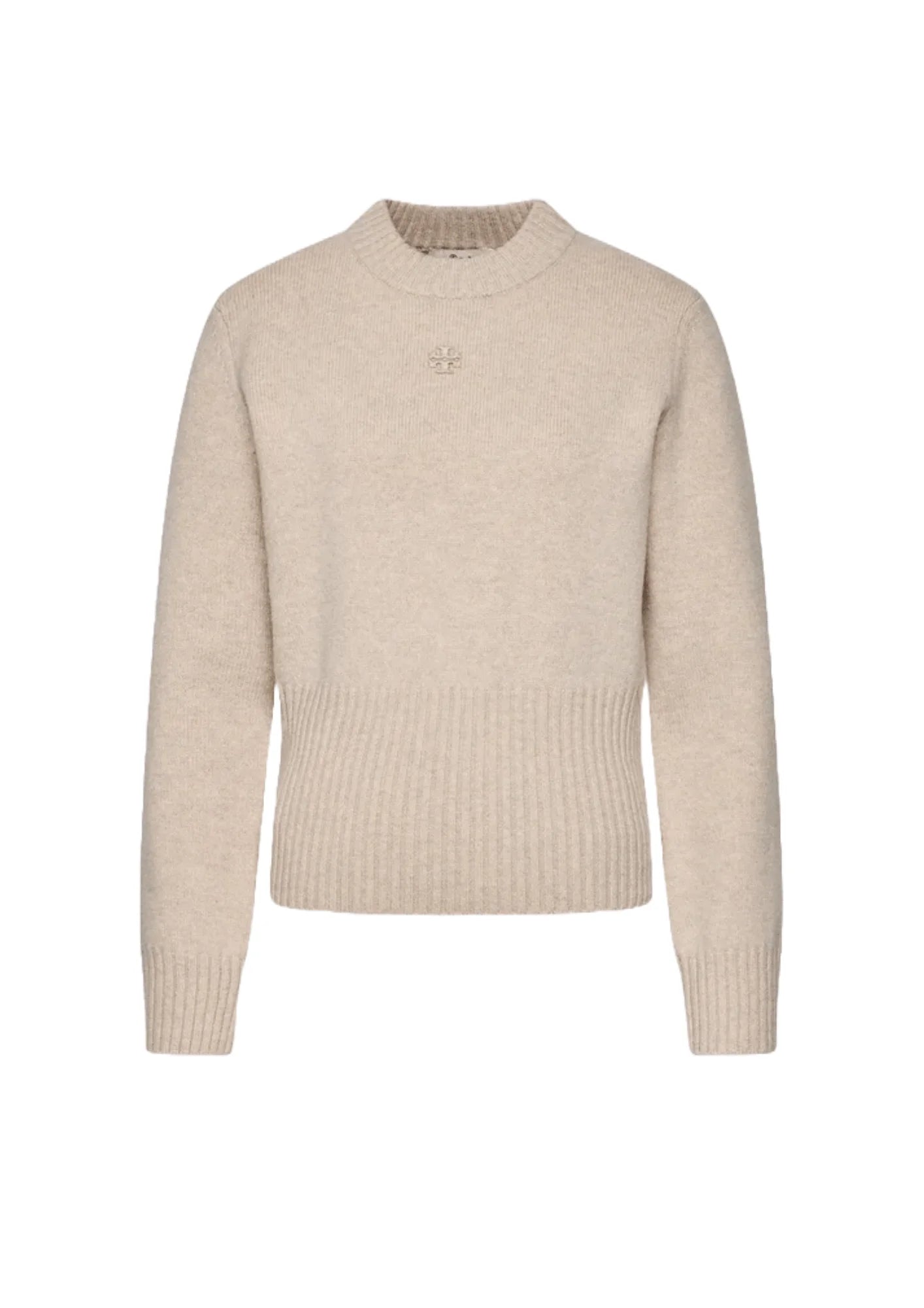 BEIGE RIBBED WAIST PULLOVER Keyhole Neck Pullover