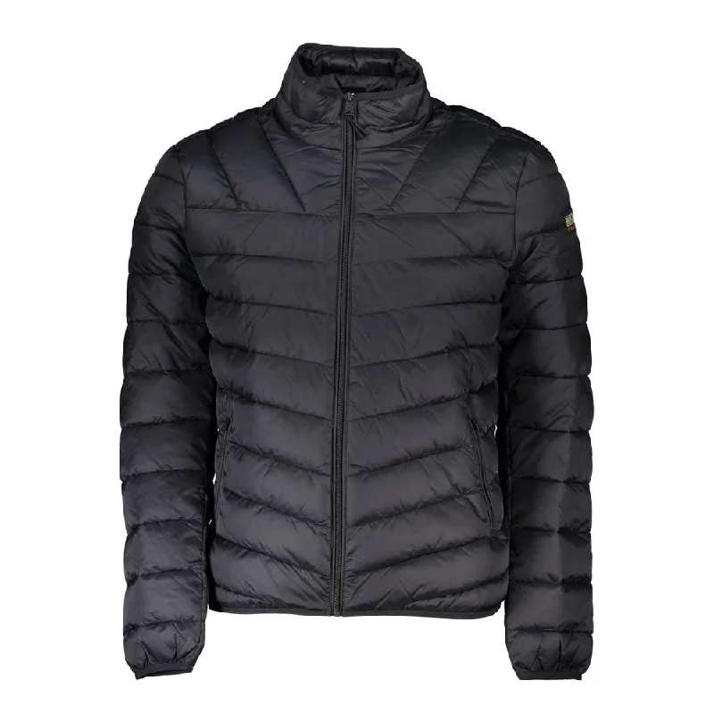 Black Polyamide Men Jacket Boat Neck Shawl Collar Notched Collar