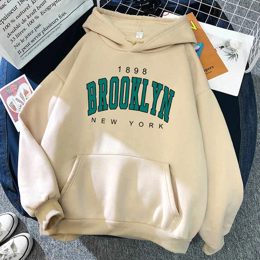 1898 Brooklyn New York Printed Women Hoodies Fashion Fleece Hoody Creativity Pullover Clothing Street Loose Sweatshirts Women'S Blouson Sleeve Pullover