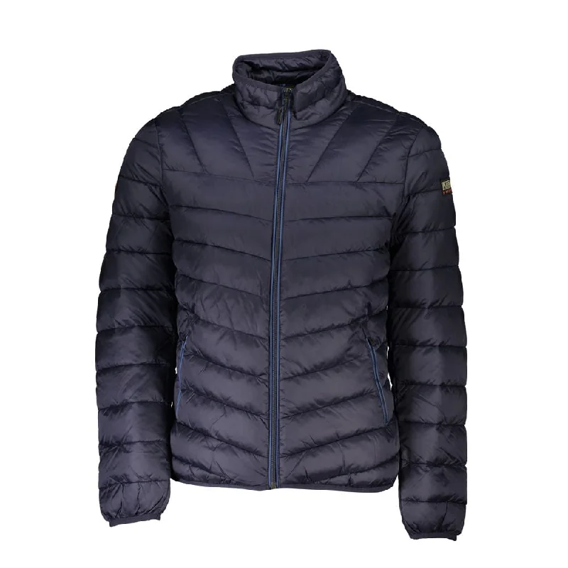 Blue Polyamide Men Jacket Stand-Up Collar Roll-Neck Collar Turtle Neck