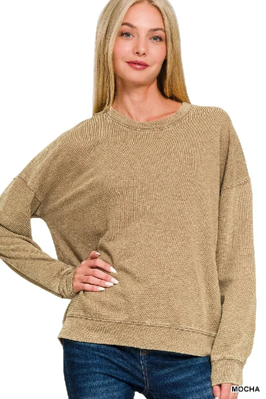 TERRY WASHED ROUND-NECK PULLOVER SWEATSHIRT in MOCHA Bell Sleeve Stylish