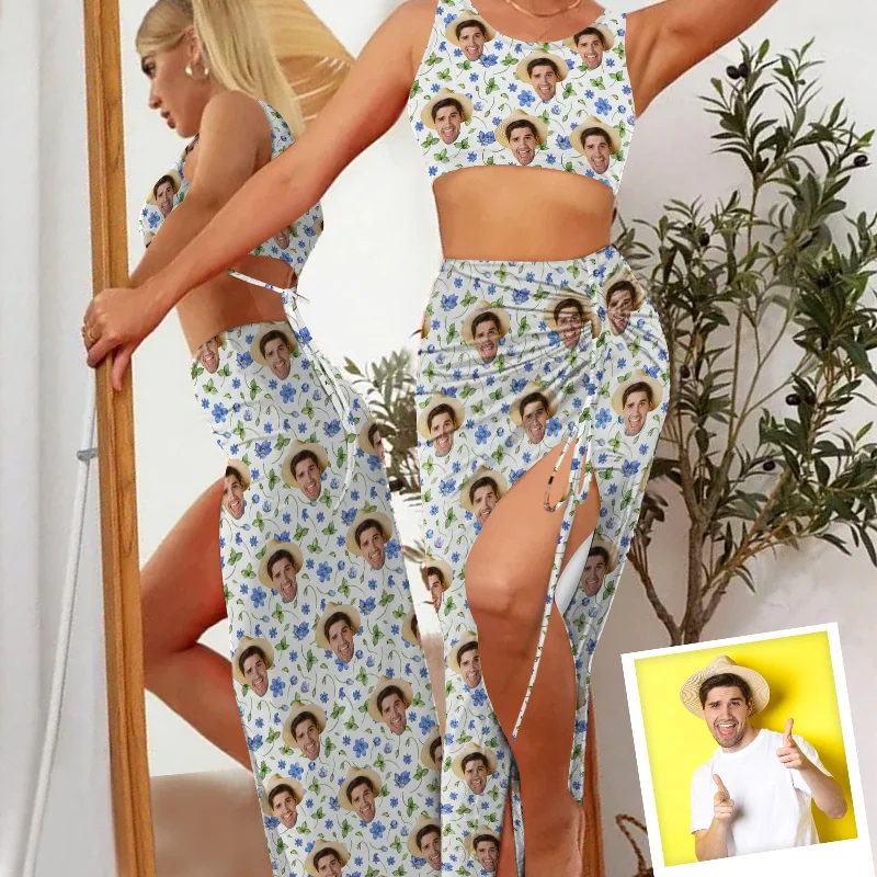 Custom Face Blue Flowers Beach Outfits Dress Personalized Women's Sleeveless Backless Crop Top & Side Slit Drawstring Skirt Set Machine Wash Dry Clean Hand Wash