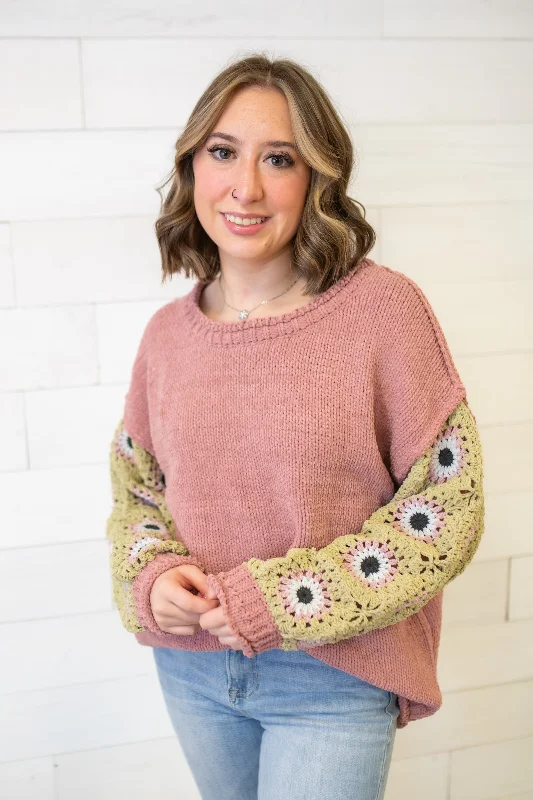 Crochet Sleeve Mauve Grass Multi Sweater Neon Metallic Matte