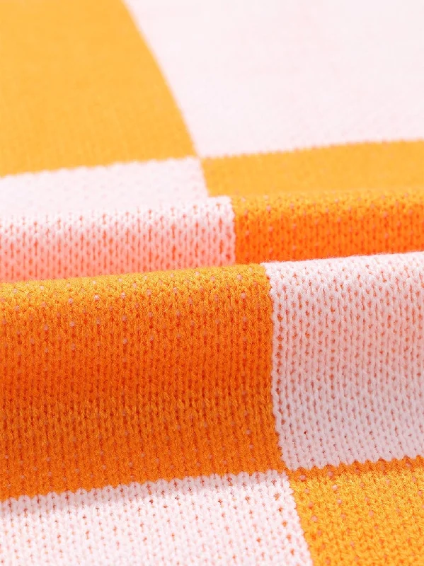 Soft Knit Pullover with Checkered Pattern Elbow Length Sleeve