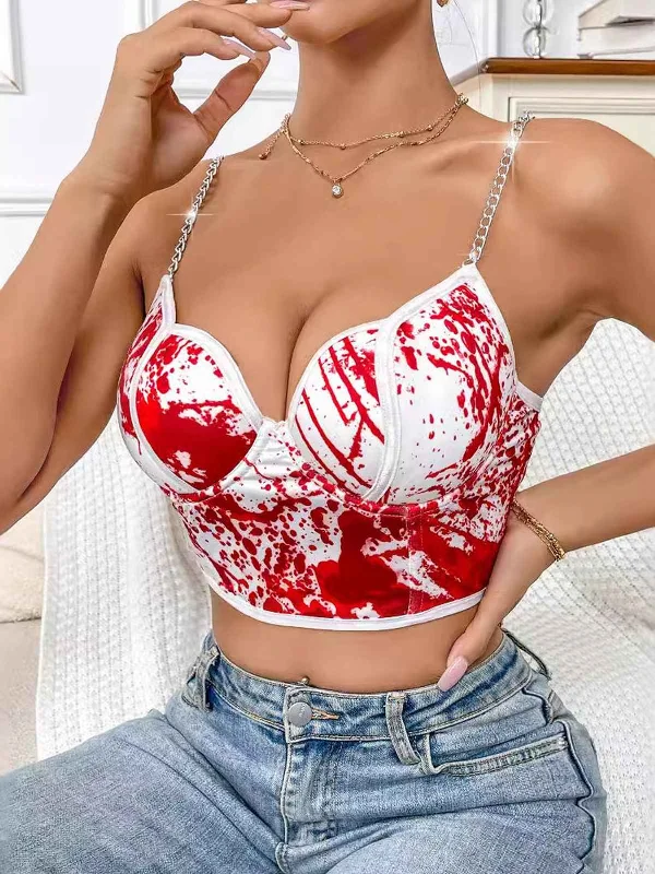 White 1970s Halloween Metal Chain Blood Spatter Crop Top Polka Dot Checkered Tartan