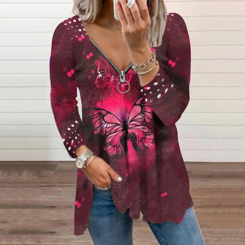 Women's V-neck Zipper Pullover Top Pearl Print T-shirt High Neck Pullover