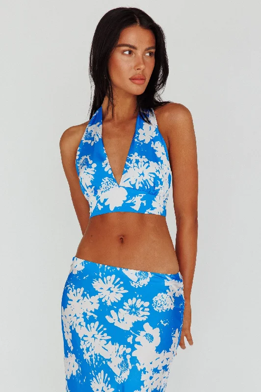 Manila Halterneck Crop Top Blue Floral Real Fur Shearling Chenille
