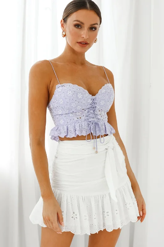 Camryn Sweetheart Neckline Lace-Up Bodice Crop Top Lilac Lace Blend Ribbed Blend Corduroy Blend