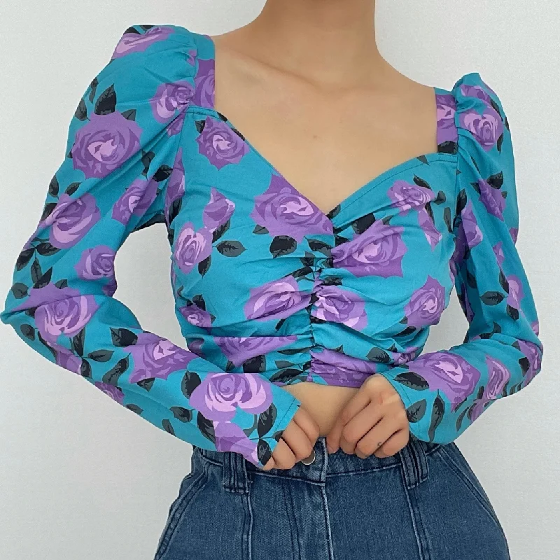 Ruched rose pattern print long sleeve puff sleeve square neck crop top Striped Floral Plaid