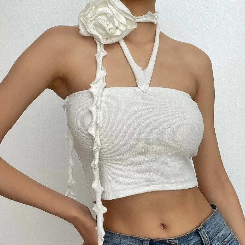 Sleeveless solid halter flower applique backless crop top Lace Blend Ribbed Blend Corduroy Blend