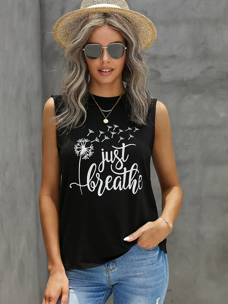 Fashion Plant Print round Neck Pullover Sleeveless Vest Asymmetrical Neck Pullover