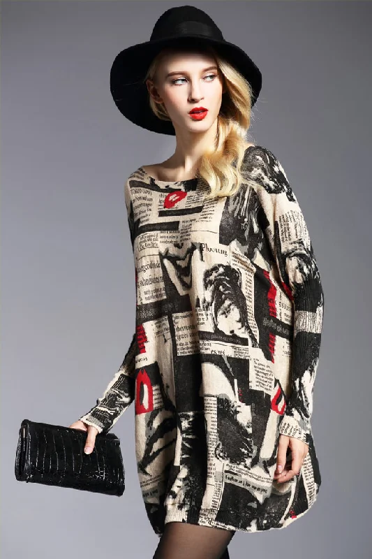 Long Sleeve Boat Neck Loose Sweater Dress Oversized Loose Flowy