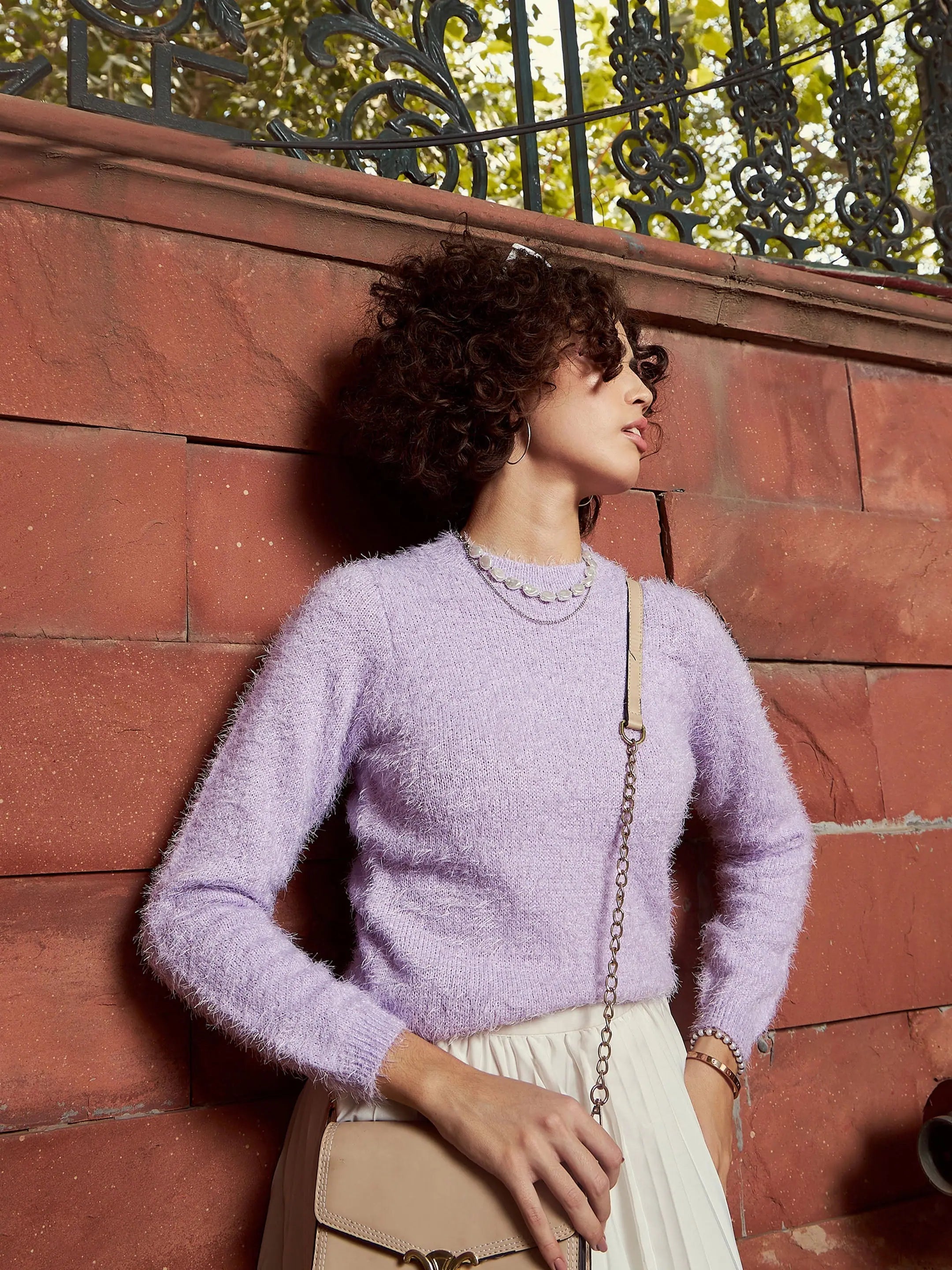 Women Purple Round Neck Hairy Fur Pullover Sweater Elbow Length Sleeve