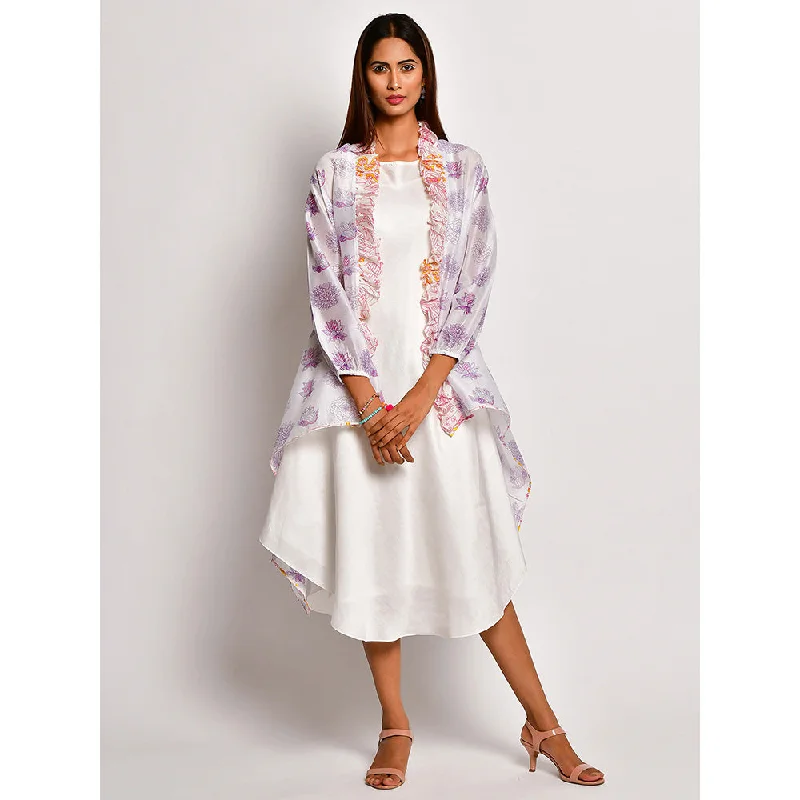 Swati Vijaivargie In Bloom Off White Dress With Printed Jacket (Set of 2) Chenille Fabric Brocade Fabric Lace Fabric