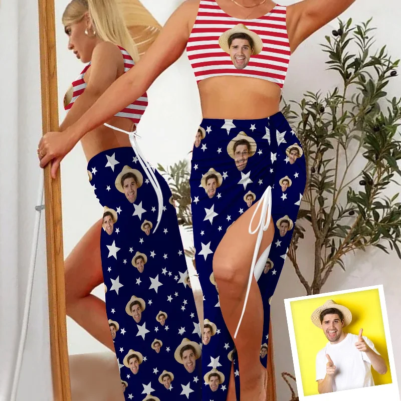 Custom Face American Flag Style Beach Outfits Dress Personalized Women's Sleeveless Backless Crop Top & Side Slit Drawstring Skirt Set Graphic Embroidered Appliqued
