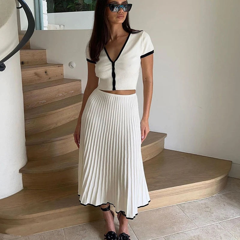 GETADME 2024 Summer Women White long Skirt Suit Short Sleeve V-neck crop top pleated set elegant dress 2 piece skirt set Plus Size S-3XL Striped Floral Plaid