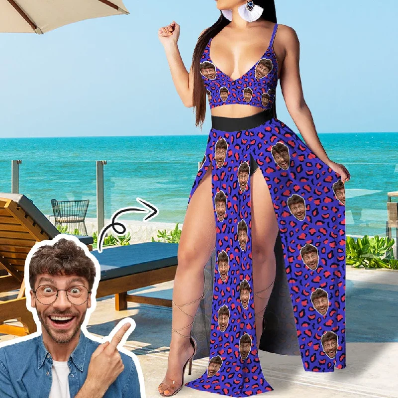 Custom Face Purple Leopard Women's Sexy Strap Deep V Neck 2 Piece Outfits Dress Crop Top High Split Maxi Dresses Skirt Set Knit Fabric Woven Fabric Fleece Fabric