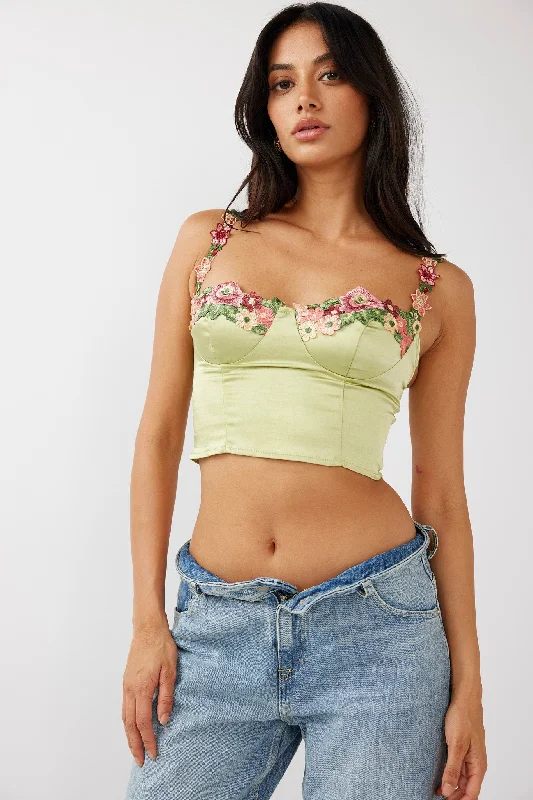 Rose Garden Floral Applique Crop Top Lime Chenille Brocade Lace