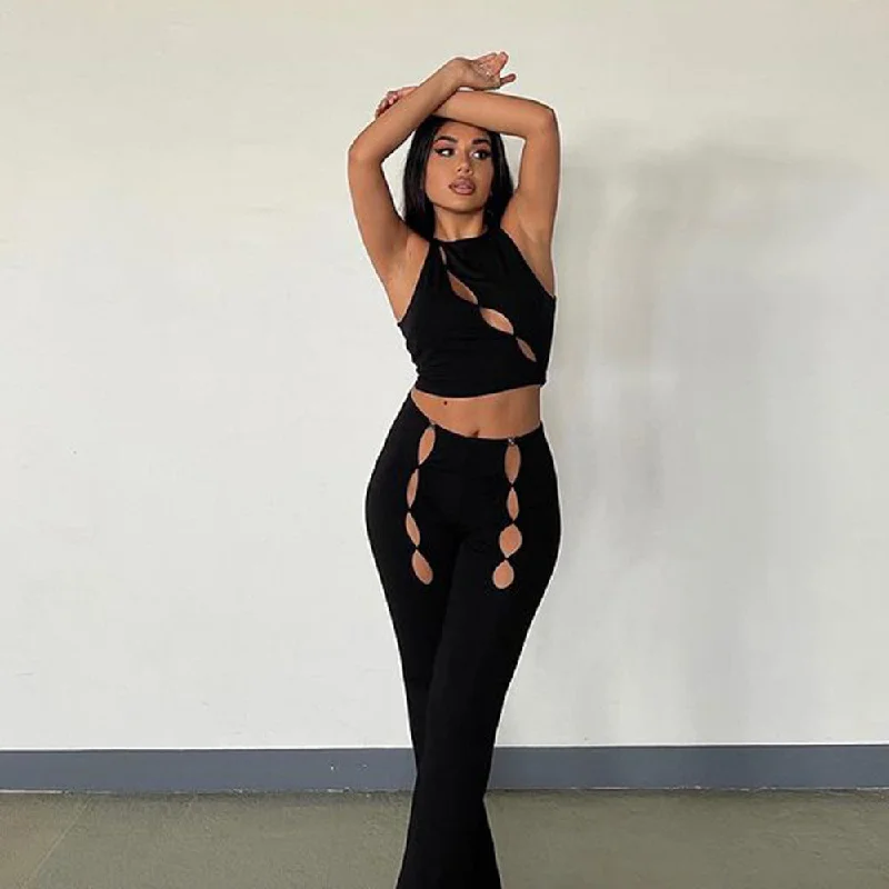 Summer Sleeveless Solid Color Vest Office Sneaky Design Pierced Black Smart Trousers Set Trousers Ceremony Elegant