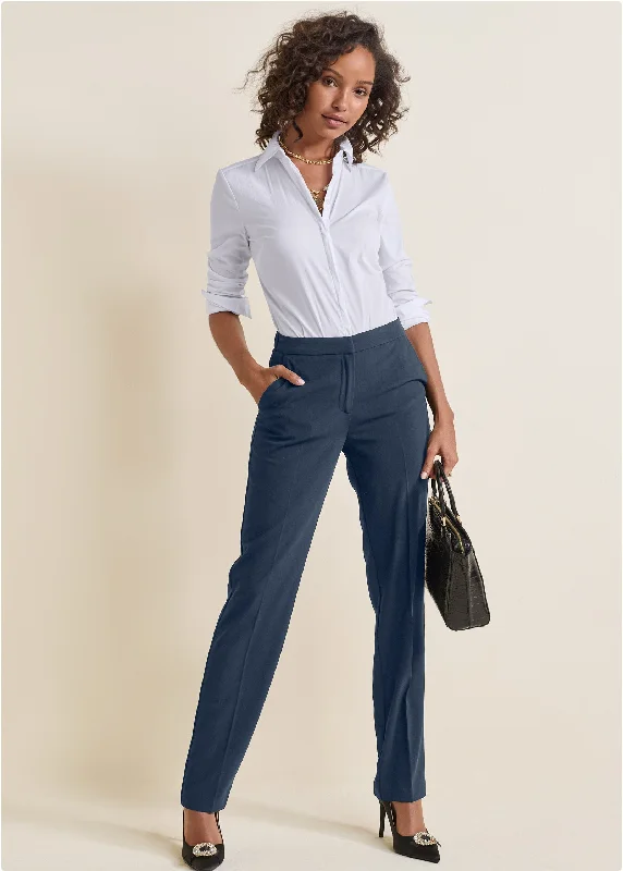 High-Rise Straight Trousers - Navy Trousers sophisticated sleek