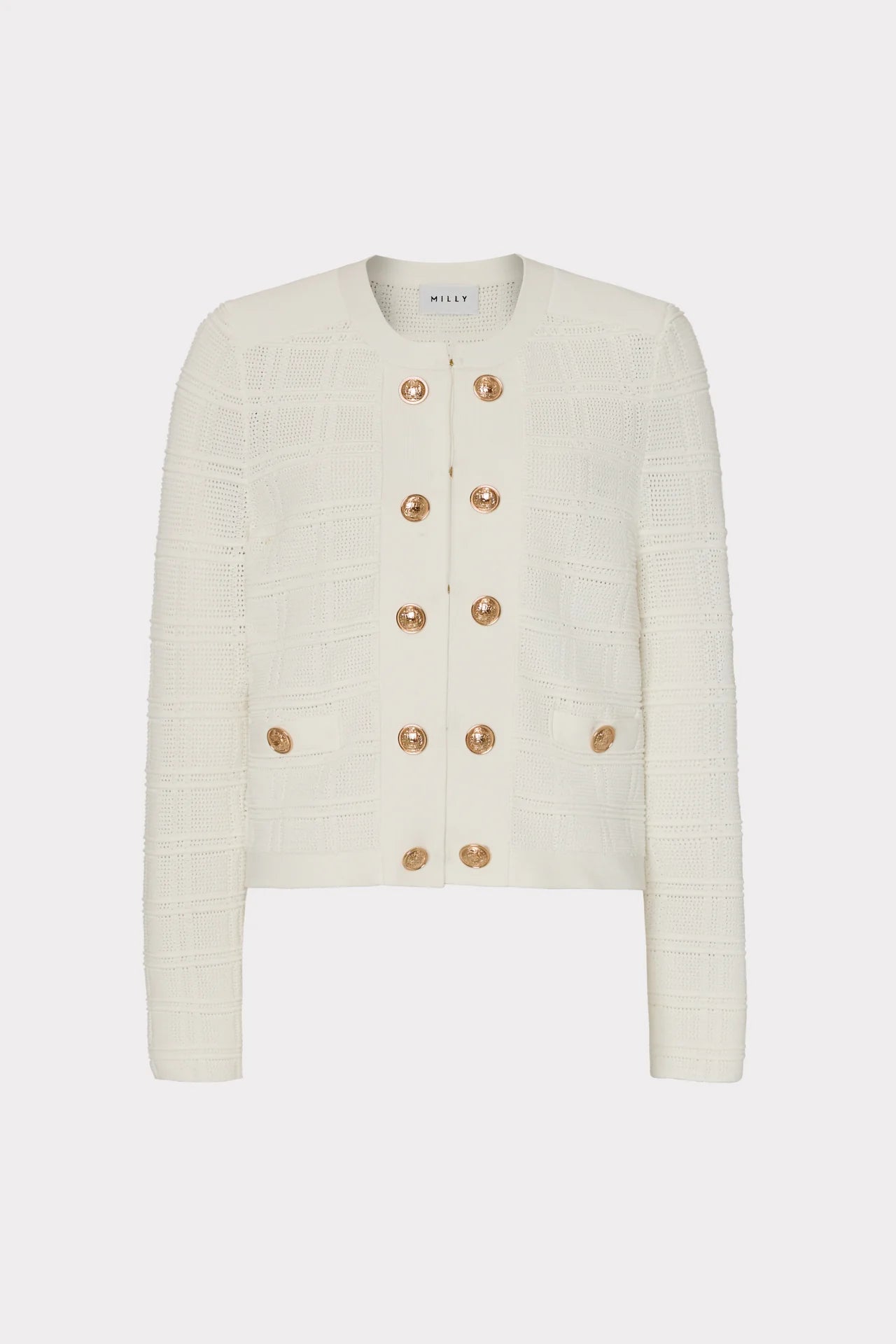 Pointelle Textured Knit Jacket Ecru - MILLY Denim Fabric Leather Fabric Suede Fabric