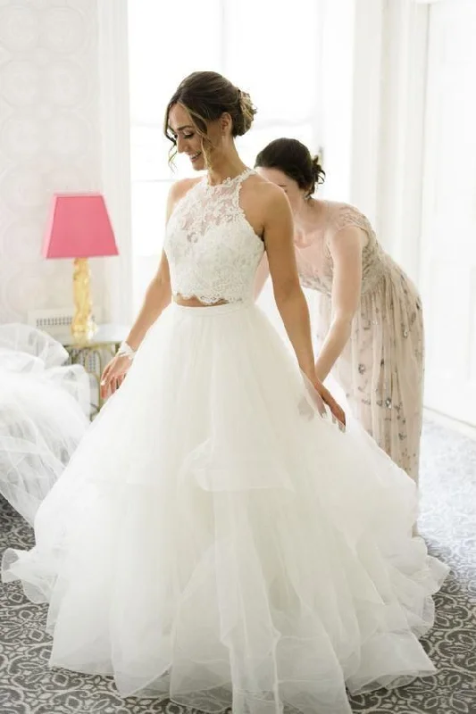 Romantic Halter Lace Crop Top Tull Skirt 2 Piece Prom Dress    cg14780 Cotton Fabric Linen Fabric Terry Fabric